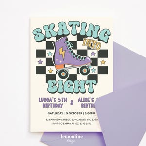 Skating into age invitation, joint Let&#39;s Roll Invite, joint birthday party, Roller skate rink birthday, Roller skating party invite, ROLL7