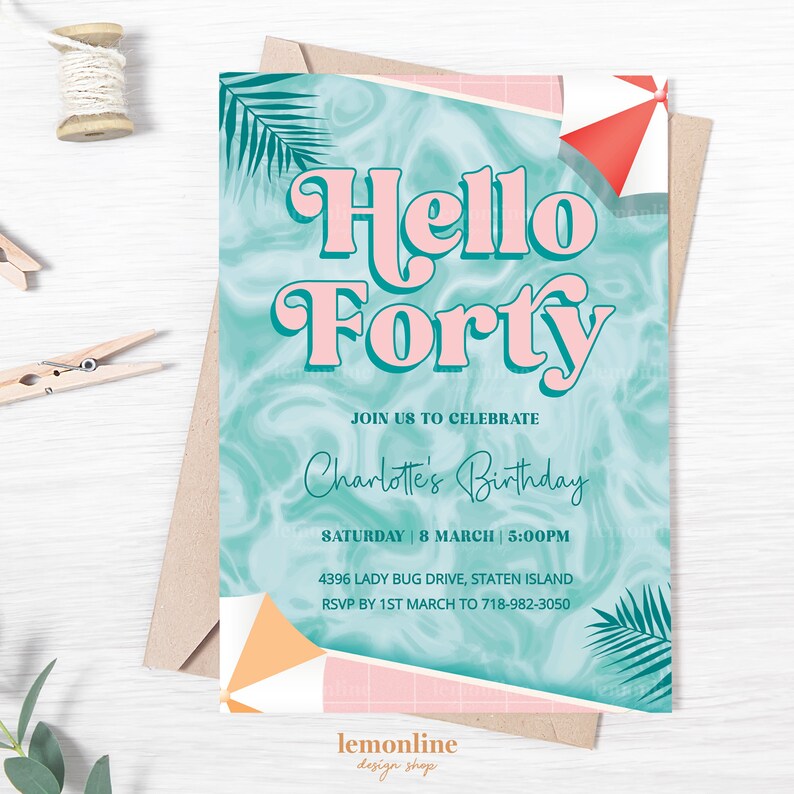 Editable Forty birthday invitation, Pool Party Theme, 40 birthday for her, Pool Party Invite, invitations for her, Pool party birthday POOL1 image 7