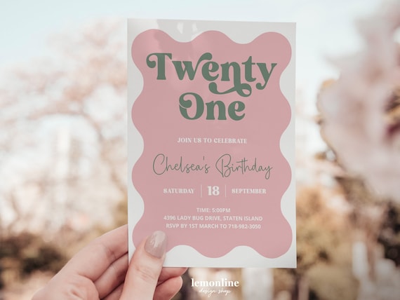 Editable Wavy invitation, 21st Birthday Invite, pink wavy border invitation, invitations for her, soft pink invite, sage green invite, WAV2