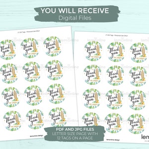 May include: Printable sheet of 12 round thank you gift tags featuring a watercolor illustration of a surfboard with tropical leaves and flowers. The text on the tags reads "Thank you for coming".