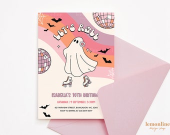 Let's Roll Invite, Halloween Geburtstagseinladung, Skating Einladung, Disco Halloween Einladung, Eisbahn Geburtstag, Groovy Ghost Party, HLW1