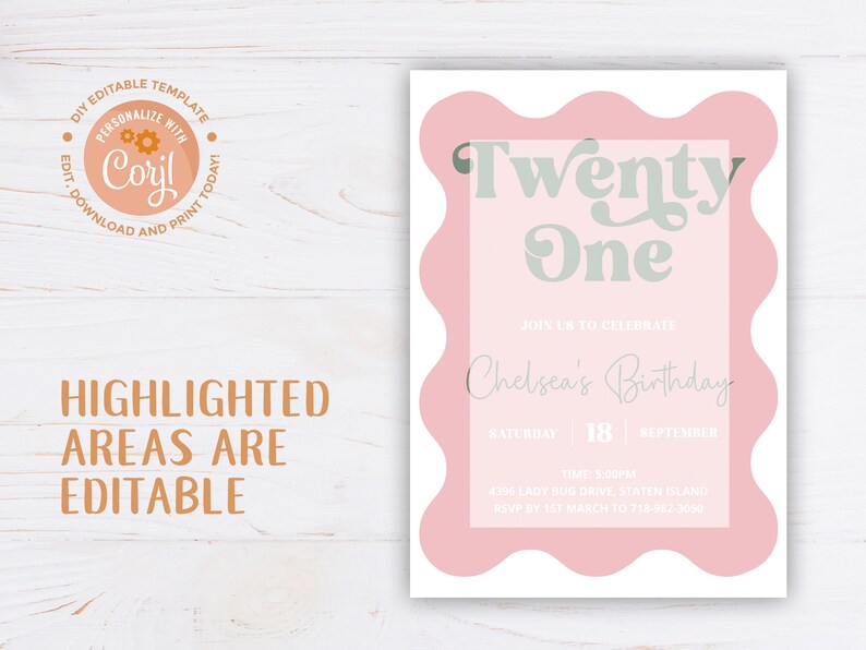 K&ouml;nnte beinhalten: Eine rosafarbene und wei&szlig;e Geburtstagseinladung mit einem gewellten Rand. Der Text lautet "Twenty One" in einer Retro-Schriftart und "Join us to celebrate Chelsea's Birthday" mit dem Datum "Saturday, 18 September".