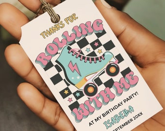 May include: A white tag with a colorful roller skate graphic and the text "Thanks for Rolling with me at my birthday party! Isabella 29 September 20XX".