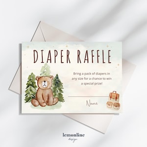 Plantilla de boletos para rifa de pañales, baby shower con temática de campamento, CMP2