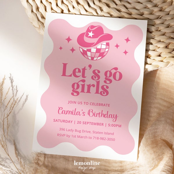 Pink Cowgirl Birthday Party Invitation, Pink Disco Cowgirl Party Invite, Let's Go Girls, Rodeo Birthday, pink disco party invitation, PINK1