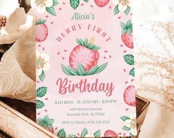 Berry First Birthday Invitation, Strawberry birthday, Strawberry First Birthday Invitation Girl, Pink Berry First Birthday Invitation, BRY1