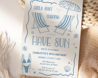 Blue Outline Beach Birthday Invitation, Ocean Seashell Invitation for Beach Birthday Bash Party, Beach party invite, Summer Birthday, BC1