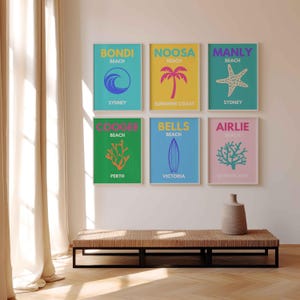 Láminas icónicas de playas australianas, pósteres con nombres de playas para adolescentes, decoración del hogar, arte mural de viajes, Bondi Beach, Bells Beach, set de 6 A3, descarga digital