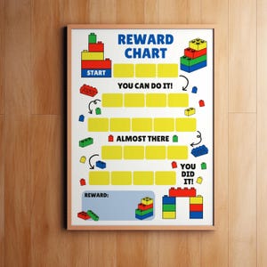 May include: A printable reward chart with a Lego theme. The chart has a yellow background with a white border. It features a Lego tower with the words "Reward Chart" at the top. The chart has a series of yellow squares that can be filled in as a child completes tasks. The chart also includes the words "Start", "You Can Do It!", "Almost There", and "You Did It!" along with Lego images.