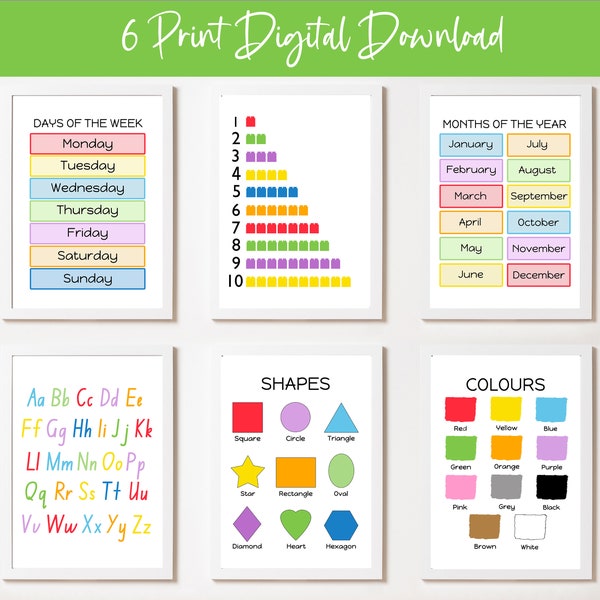 Kids Educational Print Bundle, Set 6,Playroom Posters,Classroom Decor,Digital Download, Homeschool Prints,Kids Learning Poster, A3 Wall Art