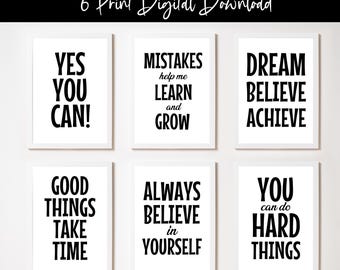 Motiverende klasafdrukken voor kinderen, zwart-wit decor speelkamer, thuisschoolafdrukken, posters met positieve uitspraken voor kinderen, set 6 digitale download