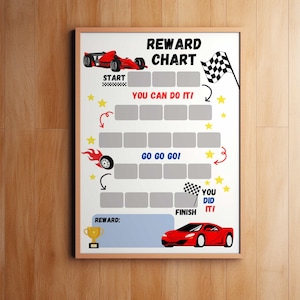 May include: A printable reward chart for kids featuring a race car theme. The chart has a start and finish line with spaces for stickers or checkmarks. It says "You can do it!" and "Go go go!" and "You did it!"