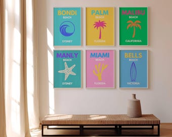 Láminas de viaje con nombres de playas, pósteres icónicos de playas para adolescentes, decoración del hogar, arte mural de viajes, Bondi Beach, Palm Beach, juego de 6 láminas A3 para descarga digital