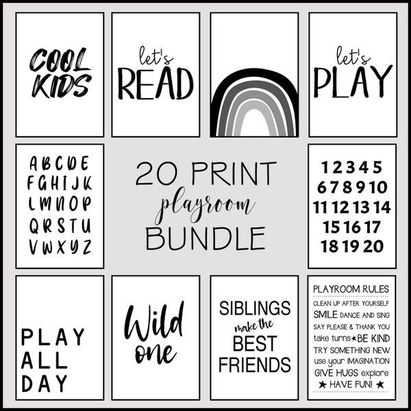 20 Print Monochrome Playroom Bundle  - Nursery Decor - Toyroom Signs - Kids Playroom Black & White Prints - Printable File  INSTANT DOWNLOAD