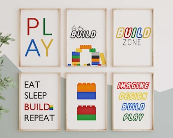 Kids Building Blocks Prints, Bedroom Posters, Block Posters, Block Playroom Prints, Boy Building Block Prints, 6 Print Digital Download