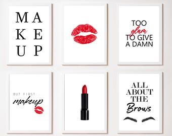 Makeup Themed Prints, Red Lips, Makeup Wall Art, Beauty Salon Decor, Makeup Artist Poster, A3 Makeup Sayings, Set 6 Digital Printables