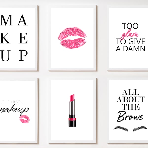 Set of 6 Makeup Prints, Pink Lips, Eyebrows, Too Glam, Makeup Wall Art, Beauty Salon Decor, Makeup Artist Poster, A3,  Digital Printables