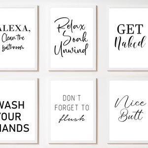 Impresiones decorativas en blanco y negro para el baño, decoración de arte mural, carteles para el baño, letreros para el baño, frases imprimibles para el baño, descarga digital de 6 impresiones