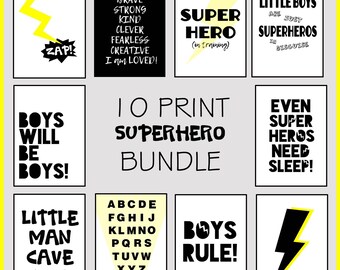 Superhero Kids Prints, Playroom Decor, Kids Wall Art, Boys Rule, Toy room Poster, Superhero Printables, 10 Print Digital Download