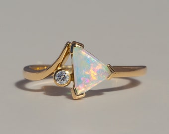18K Australian Solid Opal Ring With Diamond Handmade