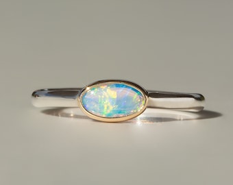 Sterling Silver & 14K Solid Australian Opal Ring Handmade