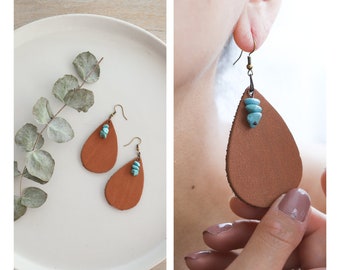 Leather earrings - Leather Leaf Earrings - anniversary gift for wife - long minimalist earring, Gift for her