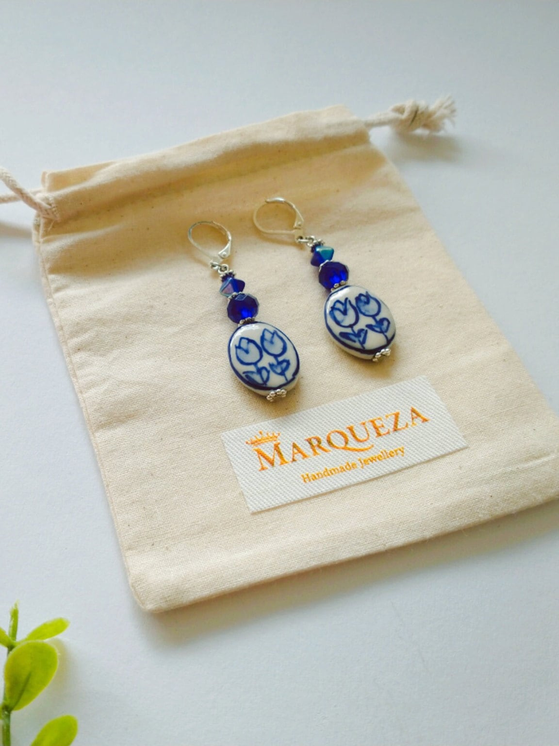 Tulpen Delft Schmuck | Lange Delft Blau Tulpen Ohrringe | Keramikperlen Schmuck | Ohrringe Ohrringe Ohrringe Ohrringe Blau Blau Blau Blaubeige