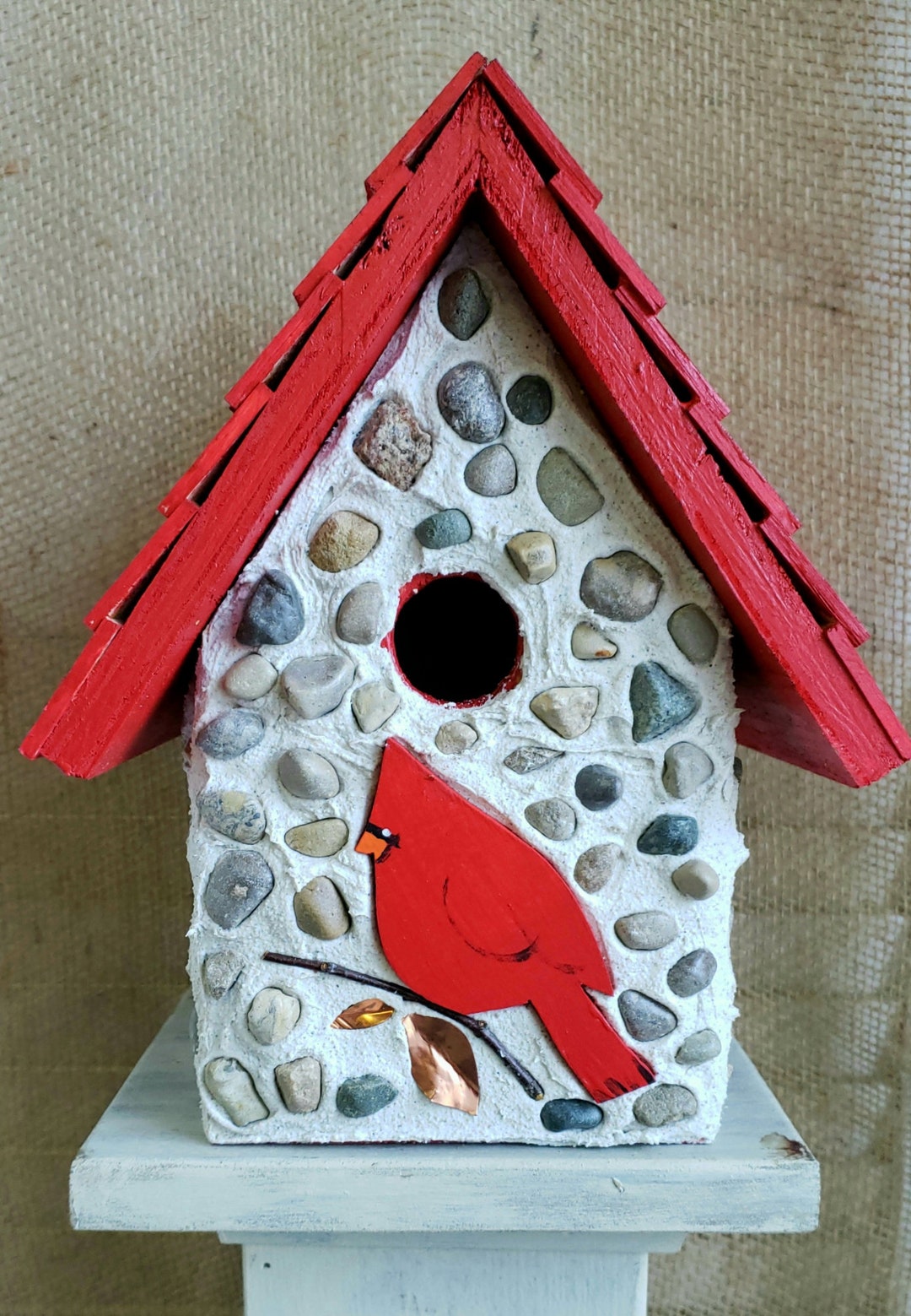 Ships Same Day or Next. Stone Cardinal Birdhouse With Hanger and Easy