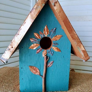 Ships same day or next! Torqouise outdoor hand-painted birdhouse with a pattina copper roof and accents. Hanger included