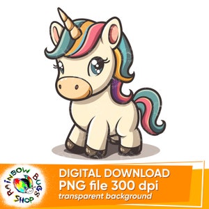 Adorable Cartoon Unicorn PNG, Baby Shower Clipart, Rainbow Pony Sublimation File, Commercial Use