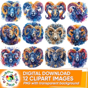 Aries Zodiac Sign, Clipart Bundle, Zodiac PNG, Aries Astrological Sign, Celestial Star Signs, Zodiacs Clipart, Watercolor, Astrology Gift