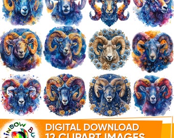 Aries Zodiac Sign, Clipart Bundle, Zodiac PNG, Aries Astrological Sign, Celestial Star Signs, Zodiacs Clipart, Watercolor, Astrology Gift