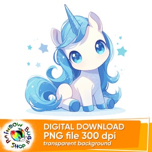 Blue Unicorn PNG, Cute Kawaii Baby Unicorn, Sublimation Design, Transparent Background, Watercolor Unicorn Clipart, Commercial License