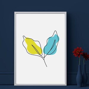 Two leaves in Ukrainian colors poster, one line art print, Instant download, Printable botanical wall art, Flower market print, Digital file