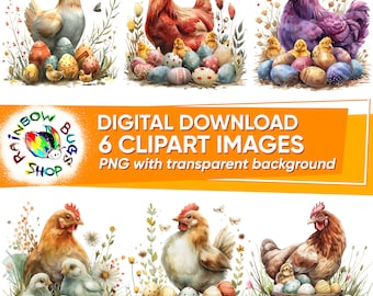 6 watercolor easter chickens with eggs and chicks, PNG bundle, High Quality spring clipart, Digital download, Sublimation designs for easter