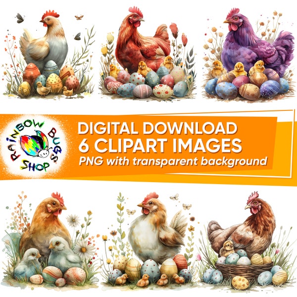 6 watercolor easter chickens with eggs and chicks, PNG bundle, High Quality spring clipart, Digital download, Sublimation designs for easter