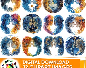 Signo Astrológico Géminis, Imágenes Prediseñadas del Zodíaco, Acuarela, Signos Estelares Celestiales, Regalo de Astrología, Paquete de Imágenes Prediseñadas, PNG del Zodíaco, Signo del Zodíaco Géminis