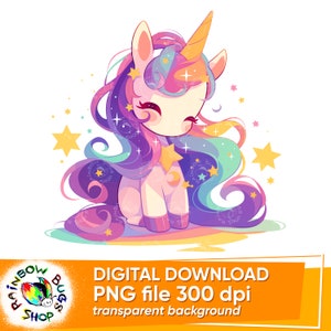 Kawaii Baby Unicorn, Rainbow Cute Pony Shower Design, Sublimation Design, PNG, Transparent Background, Instant Download, Commercial Use