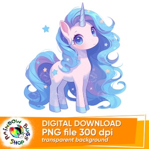 Blue Cute Kawaii Unicorn, PNG, Transparent Background, Instant Download, Sublimation Design, Commercial Use, Pony baby shower decor