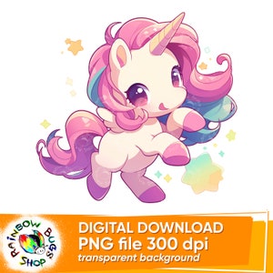Rainbow Dancing Unicorn, PNG, Cute Kawaii Baby Unicorn, Digital Download, Sublimation Design, Watercolor Clipart, Kid&#39;s T-shirt design