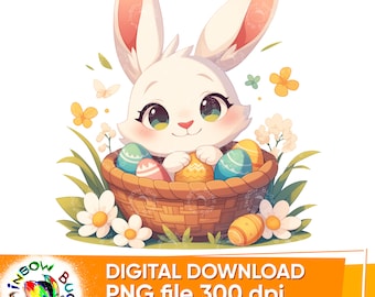 Cute kawaii Easter bunny with eggs, Happy easter PNG, Sublimation design for shirt, mug, Instant Digital Download, Transparent background