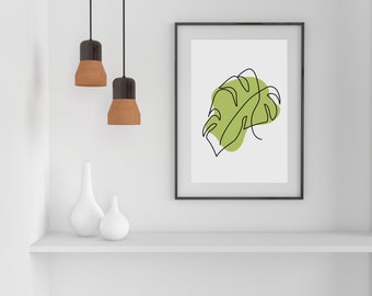 Swiss cheese plant leaf poster, One line art, Monstera leaf, Botanical wall art, Plant art digital download, Minimalist wall art