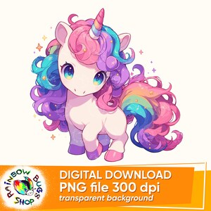 Rainbow Baby Unicorn, PNG, Transparent Background, Instant Download, Sublimation Design, Kawaii Cute  Unicorn Design for any DIY project