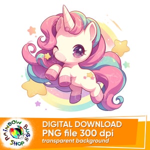Happy Rainbow Kawaii Unicorn, PNG, Transparent Background, Instant Download, Sublimation Design, Commercial Use, Cute Pony Baby Shower Decor