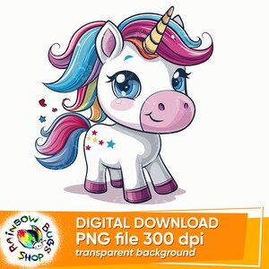Rainbow Baby Unicorn, PNG, Transparent Background, Sublimation Design, Happy Pony with Stars, Unicorn Clipart, Baby Shower, DIY Nursery Art