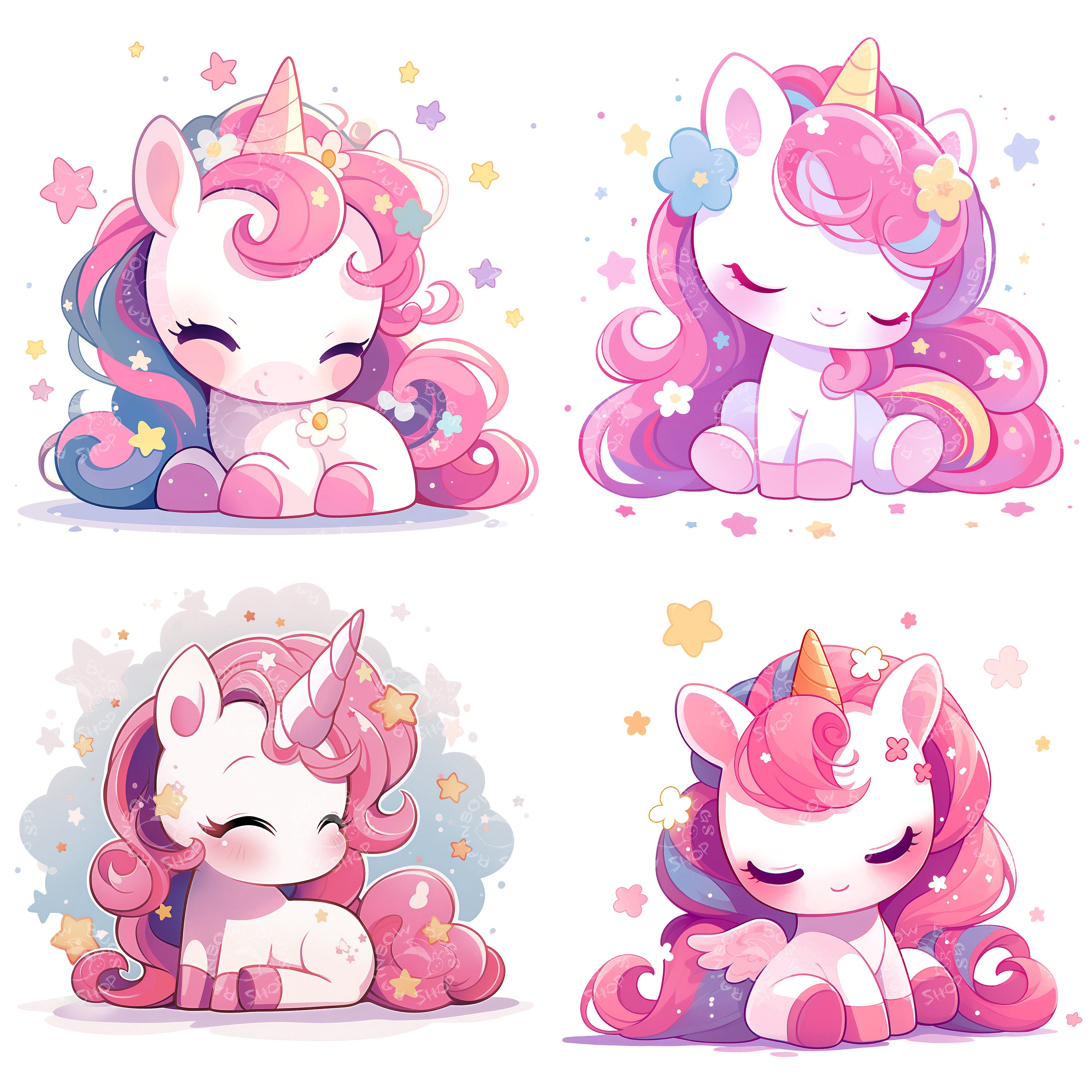 12 Cute Kawaii Unicorns, PNG Bundle, Digital Download, Unicorn ...