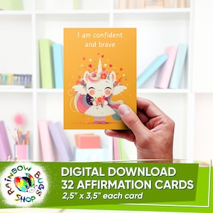 Conjunto de 32 cartões de afirmação para crianças com unicórnios fofos, cartões de incentivo para impressão infantil, positivo diário, DOWNLOAD DIGITAL, pdf