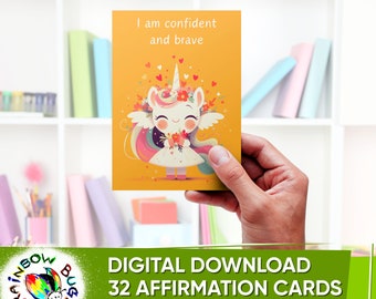 Set of 32 affirmation cards for kids with cute unicorns, Children's printable encouragement cards, Daily positive, DIGITAL DOWNLOAD, pdf