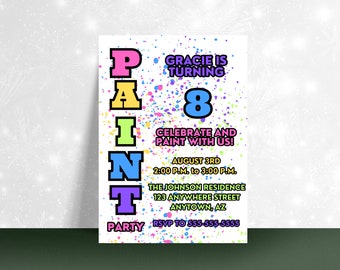 Paint Party Neon Birthday Invitation | Rainbow Paint Splatter Digital 5” x 7” Editable Invite Template Printable Download