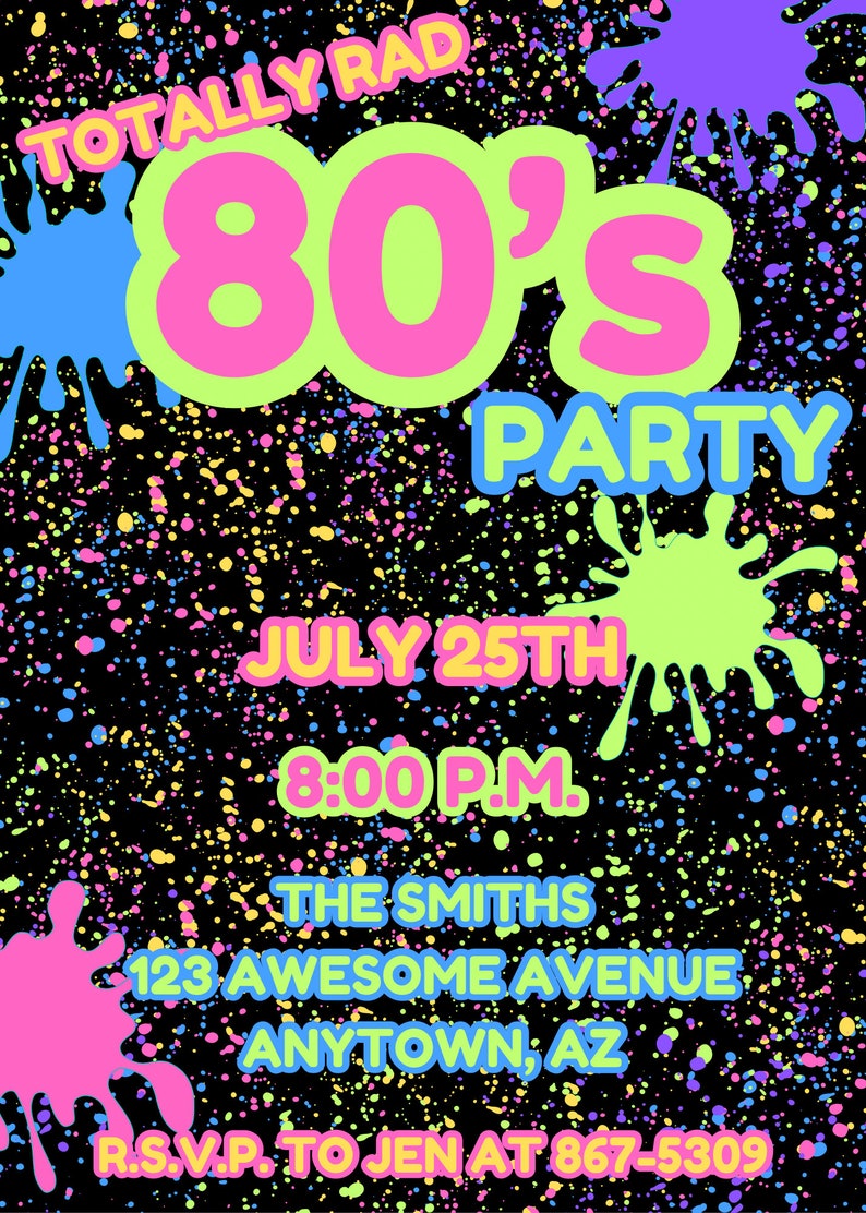 Rad Party Totally Rad 80’s Party Invitation | Digital 5” X 7” Editable Invite ...